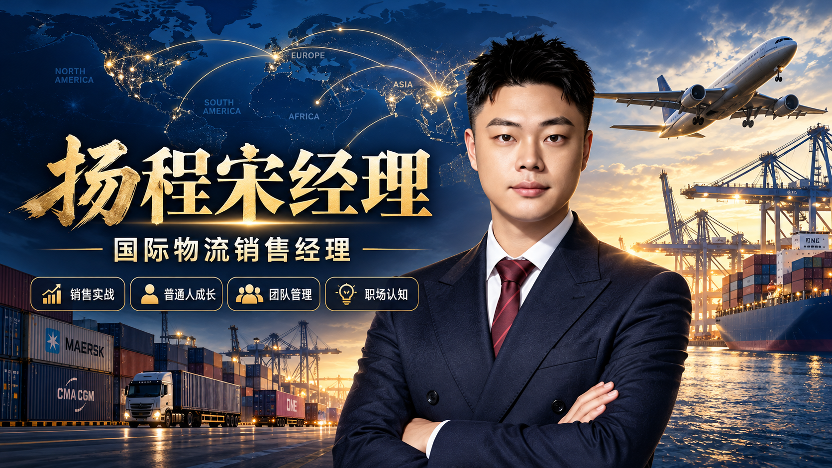 扬程宋经理,国际物流销售经理,身着西装站在世界航线、飞机及港口背景前